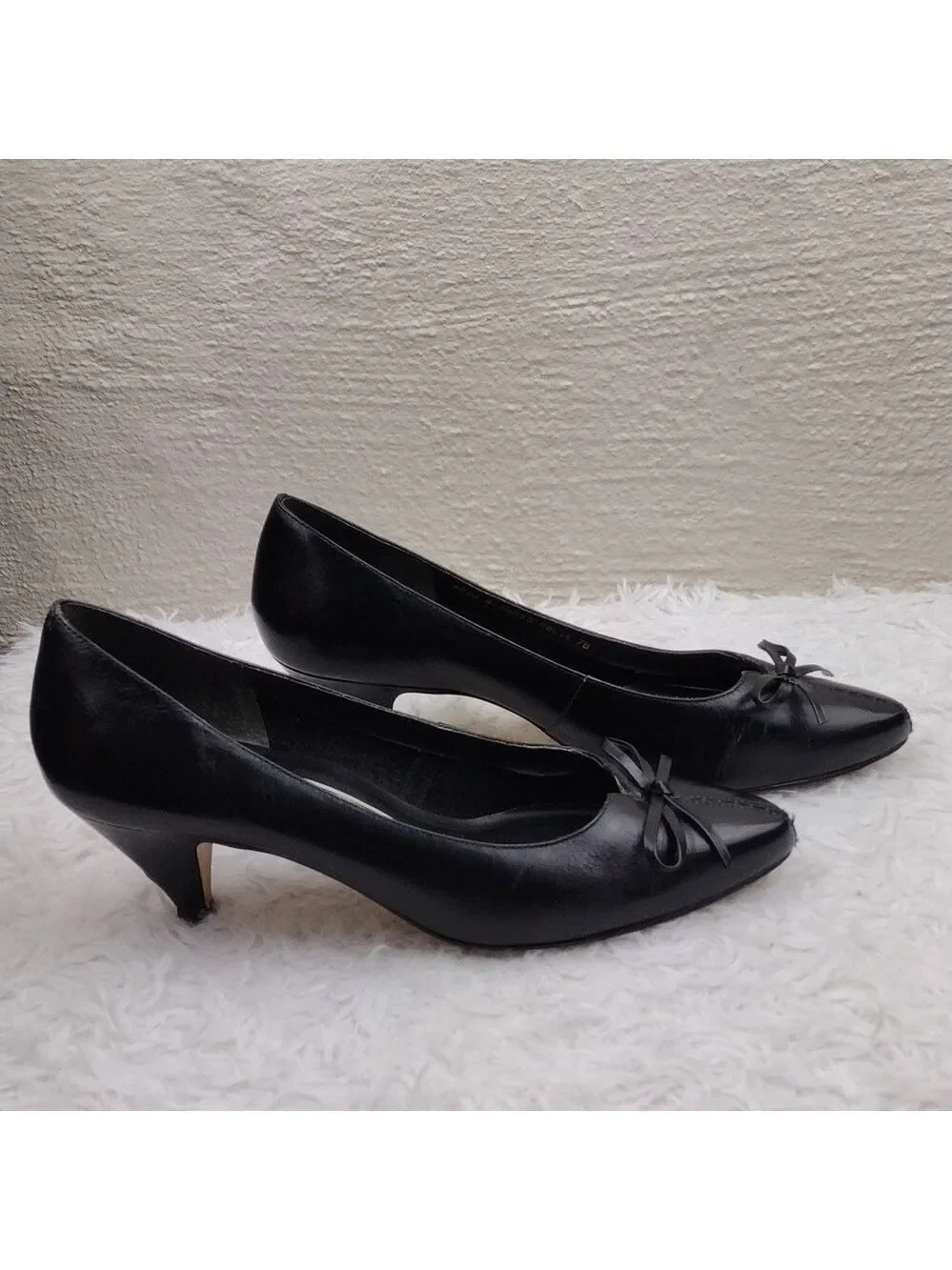 Connie Celia Black Leather Faux Bow Upper Pointed-Toe Kitten Heel Slip On Shoe